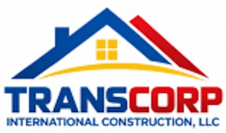 Logo for Transcorp International Construction, LLC, premier roofing contractors Fort Worth, featuring a stylized blue and red roof with a yellow window above the company name in blue and red text.
